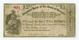 1863 $2 The Planters Bank Of The State Of Georgia Note - Civil War Era