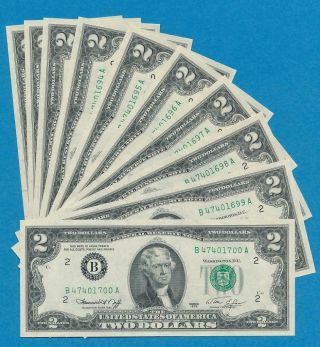10 - $2.  00 1976 York Consecutive Federal Reserve Notes Gem