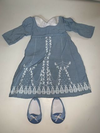 American Girl Doll Caroline Birthday Dress Outfit Blue Gown Shoes Complete