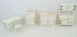 Vintage Dollhouse Miniature White Wood Kitchen Icebox Hoosier Cabinet Sink Set