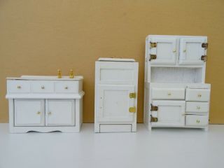 Vintage Dollhouse Miniature White Wood Kitchen Icebox Hoosier Cabinet Sink Set 2