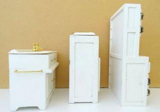Vintage Dollhouse Miniature White Wood Kitchen Icebox Hoosier Cabinet Sink Set 3