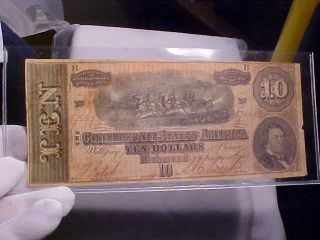 1864 Ten Dollars Csa Confederate Currency Note - - Civil War
