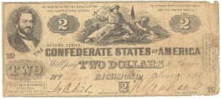 Confederate States Of America,  Cr.  T - 42 - 336 $2 Second Ser,  10,  June 2,  1862 Vg/f