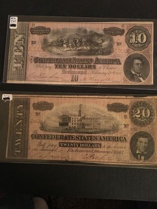 1864 Csa Confederate $10,  & $20 Dollars Currency Notes