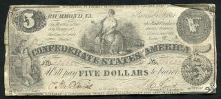 T - 36 1861 $5 Five Dollars Csa Confederate States Of America Currency Note (h)