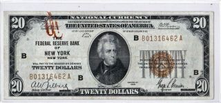 1929 $20 York Ny Federal Reserve Bank Note Brown National Currency