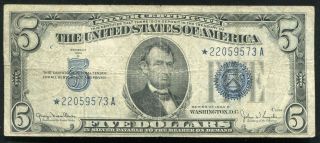 1934 - D $5 Five Dollars Star Blue Seal Silver Certificate Currency Note