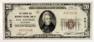 U.  S.  National Banknote.  Farmer And Merchants Nb Of Los Angeles,  Ca.  $20 Ch 6617