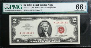 $2 1963 (aa Block) Legal Tender Red Seal Pmg 66 Epq Gem Uncirculated Fr 1513