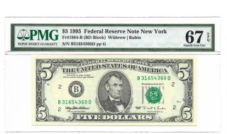 1995 $5 York Frn,  Pmg Gem Uncirculated 67 Epq Banknote,  B/d Block