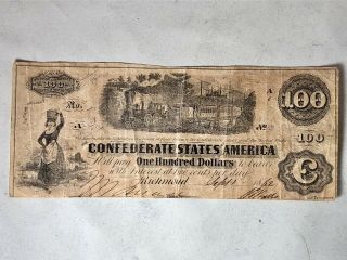 1862 Confederate States $100 Bill Note Civil War