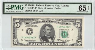 United States 1963a Fr.  1968 - F Pmg Gem Unc 65 Epq 5 Dollars Frn Atlanta Star