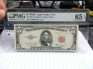 Pmg $5 1953b Legal Tender Note Fr 1534 Ca Block Smith/dillon 65 Gem Unc Epq