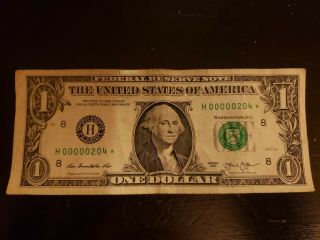 2013 Low Serial Number $1 One Dollar Star Note H00000204