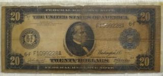 1914 U.  S.  York Blue Seal $20 Twnty Dollar Federal Reserve Note Bill