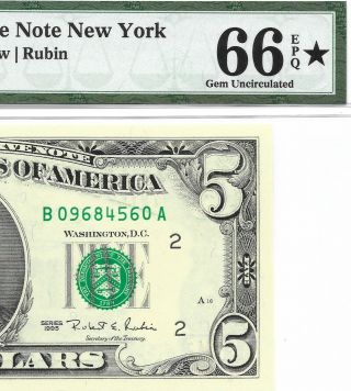 1995 $5 York Frn,  Pmg Gem Uncirculated 66 Epq Banknote,  Star 
