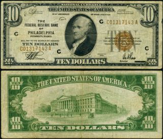 Fr.  1860 C $10 1929 Federal Reserve Bank Note Philadelphia C - A Block Vf Brown