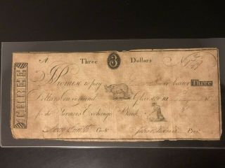 1806 $3 Three Dollars Farmers Exchange Bank Rhode Island Copperplate Note