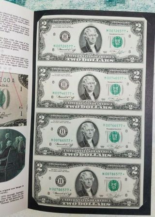 Uncut Sheet Of $2 Dollar Bills In U.  S.  Folder.  Uncirculated 1995 1976 Bill