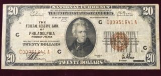 1929 $20 Federal Reserve Note (from The Bank Of Philadelphia) S/h
