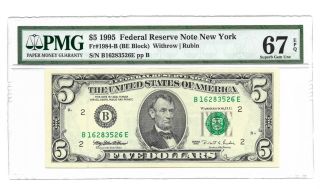 1995 $5 York Frn,  Pmg Gem Uncirculated 67 Epq Banknote,  B/e Block