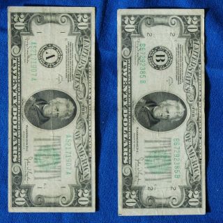 Two Series 1934 D Us $20 Federal Reserve Notes