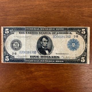 1914 $5 Large Federal Reserve Five Dollar Note Bank Of York 