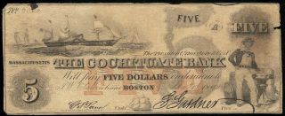 U.  S.  A.  Massachusetts,  Cochituate Bank,  Boston $5 A,  Jany 1,  1854 Vg/f