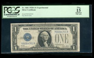 Fr 1601 1928a Us $1 Experimental Silver Certificate Banknote - Graded Fine 15