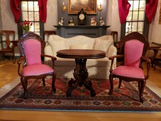 Miniature Artisan Signed Wood Pink Upholstered Arm Chairs