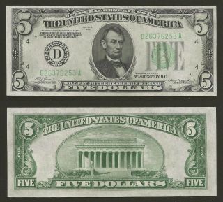 1934 Plain $5 United States Federal Reserve Note - Unc - Frn D Cleveland