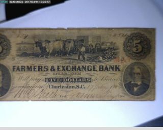 1834 $5 Farmers & Exchange Bank Charleston S.  C.  Old Money (n4)