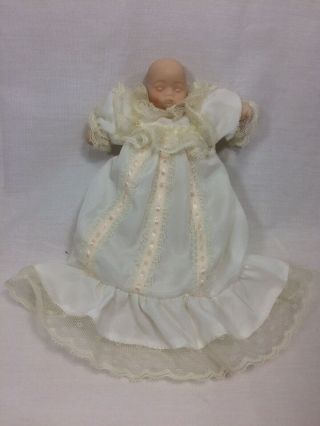 Porcelain Sleeping Baby Doll In Christening Gown - Cloth Body - 6 " Doll - 8 " Gown
