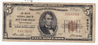 1929 $5 National Currency From The Mellon National Bank Of Pittsburgh,  Pa