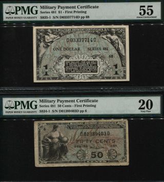 Tt Series 481 Military Payment Certificate 50 Cents & $1 1st Printing Set Pmg 55