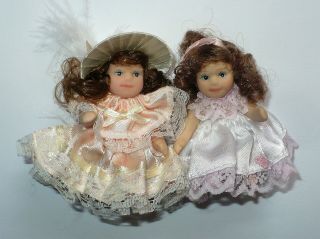 2 Miniature Jointed Porcelain Dolls In Ruffle Dresses So Cute