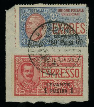 Italian P.  O.  In Levant General Issues 1908 - 10 Both Express Stamps On Piece