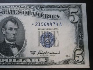 1953 A $5 Star Note Silver Certificate $5 Dollar Blue Seal Au,  / Unc 4474 Beauty