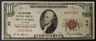 1929 $10 National Currency From The First Wisconsin National Bank Of Milwaukee