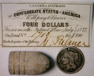 1861 Civil War Confederate $4 Csa Int.  Note,  Cw Bullet,  1865 Three Cent Coin Nr