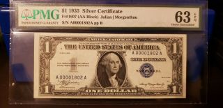 1935 $1 Silver Certificate Fr 1607 A - A Block Pmg 63epq - Low Serial -