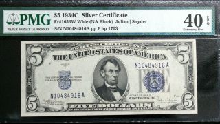 1934c $5 Blue Seal Silver Certificate Pmg Extremely Fine 40 Epq