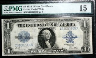 1923 $1 Fr 238 Silver Certificate Woods/white Pmg 15 Choice Fine