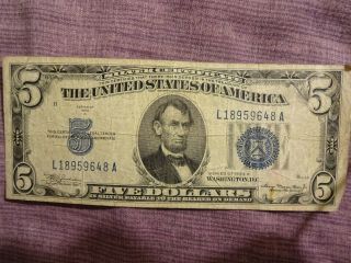 1934 Us $5 Dollar Bill Lincoln Silver Certificate Bank Note