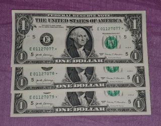 3 Pack Fancy Star Notes Consecutive Serials E01127077/78/79 Uncirculated 2017