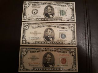 (3) 1928 1953 1963 $5 Five Dollar United States Silver Certificate U S Currency