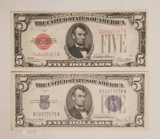 Wpc (2) Notes - 1928 $5 Large Red Seal,  1934 - D $5 Large Blue Seal