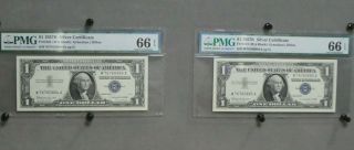 2 Sequential 1957 - B $1 Silver Certificates {pmg 66 - Epq - Both} Wa Blocks,  Freeship