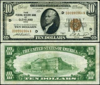 Fr.  1860 D $10 1929 Federal Reserve Bank Note Cleveland D - A Block Vf